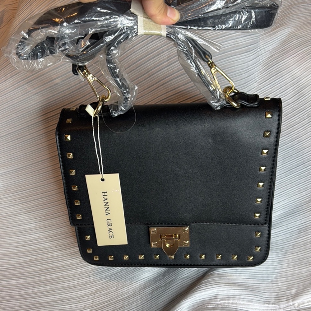 Anna Grace Black Crossbody Bag with Gold Accents